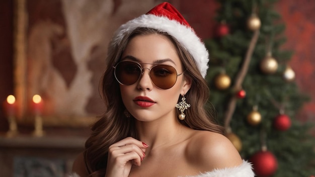 Beautiful sexy girl wearing santa claus clothes on black background Female Santa Claus