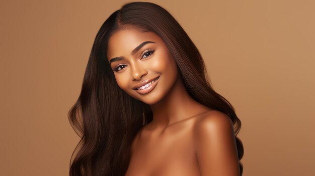 Beautiful sexy happy smiling darkskinned African American woman with perfect skin and long hair on a