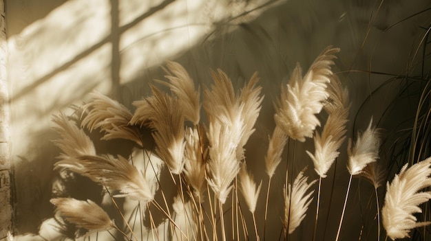 Beautiful shades of neutral pampas grass and reeds makes for an aesthetic background with sunlight casting shadows on the wall giving