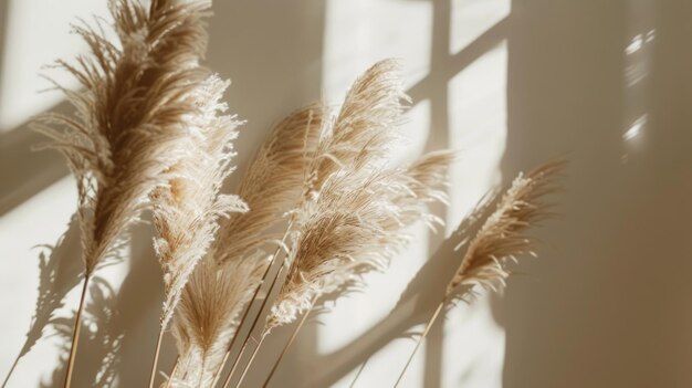 Beautiful shades of neutral pampas grass and reeds makes for an aesthetic background with sunlight casting shadows on the wall giving