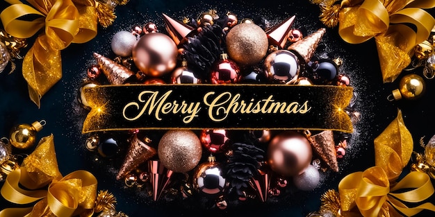 Photo beautiful shiny balls inscription merry christmas banner