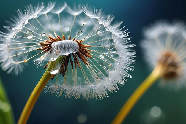 Beautiful shiny dew water drop on dandelion seed in nature macro Soft selective focus sparkling bokeh Dark blue green background