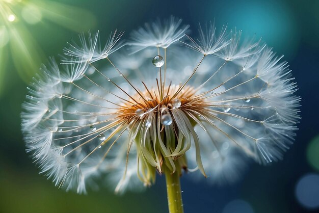 Beautiful shiny dew water drop on dandelion seed in nature macro Soft selective focus sparkling bokeh Dark blue green background