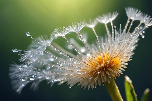 Beautiful shiny dew water drops on a dandelion seed macro photography selective focus