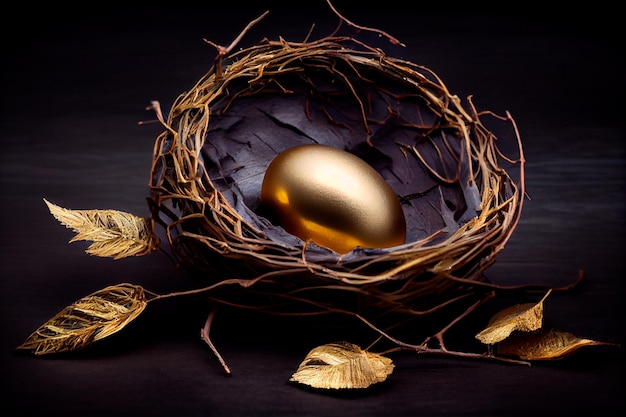 Beautiful shiny golden egg in bird nest on dark shale background The golden egg in the nest Generative AI