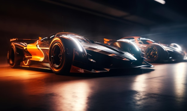 Beautiful shiny racing cars with flares of light Sport automobiles indoors Generative AI