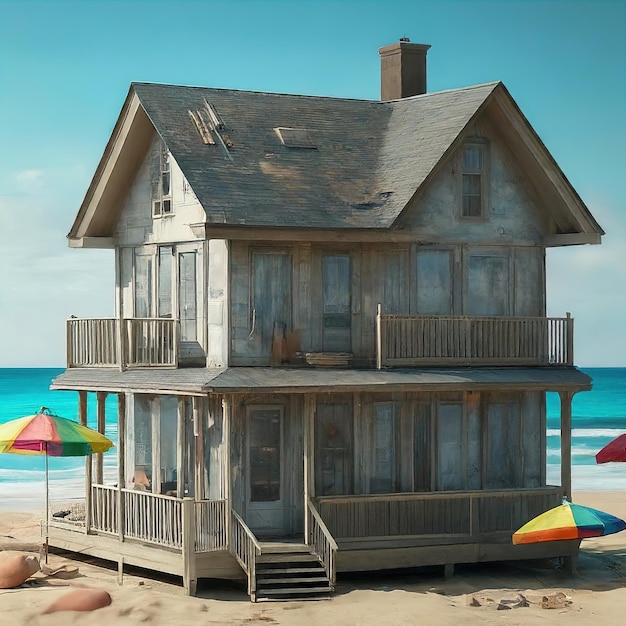 a beautiful shot of a beach with a wooden house under a cloudy skya beautiful shot of a beach w