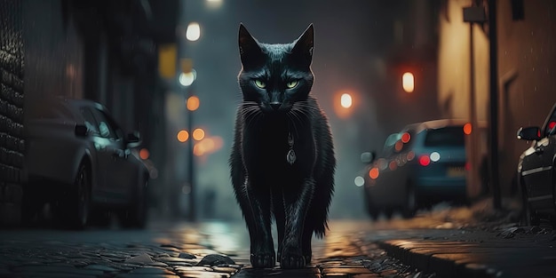 Beautiful shot of a black cat in cyberpunk city street