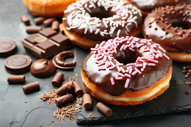 Beautiful shot of delicious donuts covered in the chocolate glaze