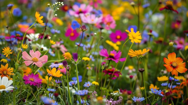 A beautiful shot of a field of wildflowers in full bloom The flowers are a variety of colors including pink purple yellow and blue