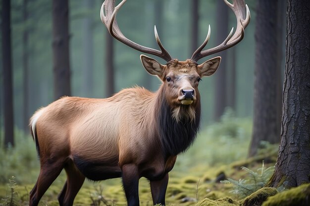 Beautiful shot of a lonely elk with long horns in the forest on a blurred