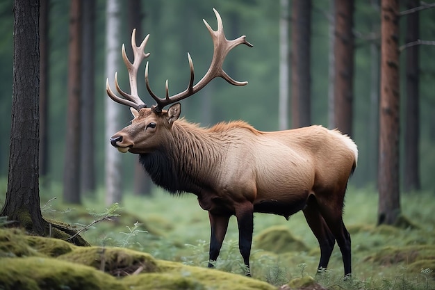 Beautiful shot of a lonely elk with long horns in the forest on a blurred