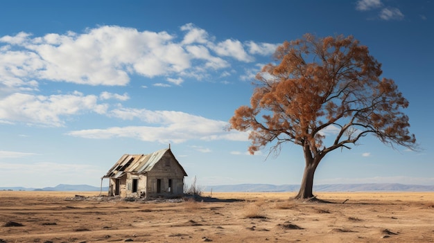 Beautiful shot of an old abandoned house in the middle of a desert near a dead leafless tree