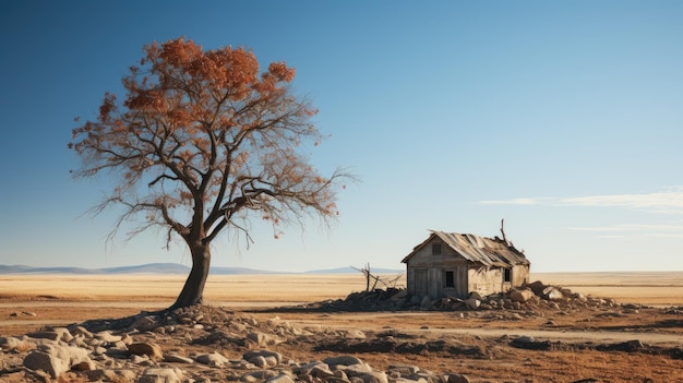 Beautiful shot of an old abandoned house in the middle of a desert near a dead leafless tree