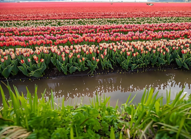 Beautiful shot of reflective rainwater in the middle of a tulips field in the netherlands