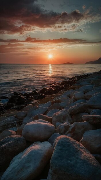 Beautiful shot of a stony seashore and the setting sun in the background