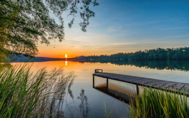 beautiful shot of sunset colors in the horizon of a tranquil lake with a dock