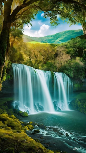 Beautiful shot of a waterfall surrounded by trees and hills