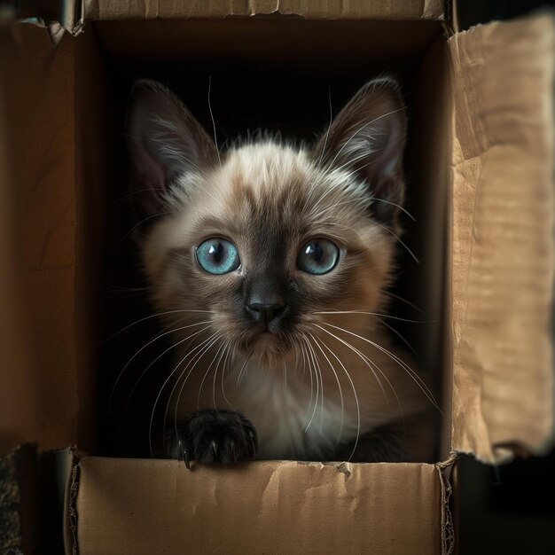 Beautiful siamese puppy cat coming out of a box