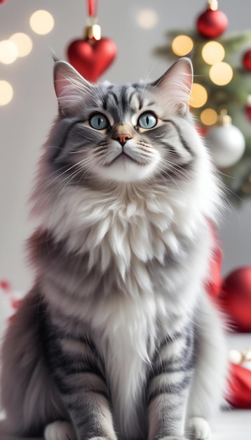 Beautiful siberian cat on the background of the Christmas tree