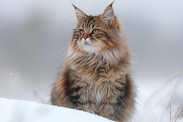 Beautiful siberian cat on the snow in the winter season