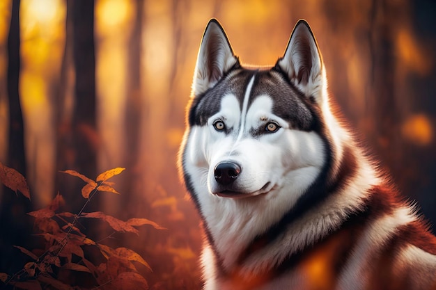 Beautiful Siberian Husky dog portrait standing in a vibrant alluring fall woodland