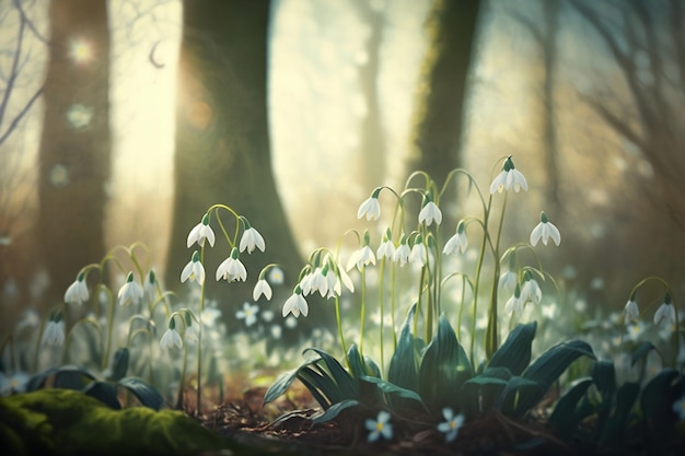 The Beautiful Sign of Spring Snowdrops Blooming in a Forest with Soft Light Generative ai