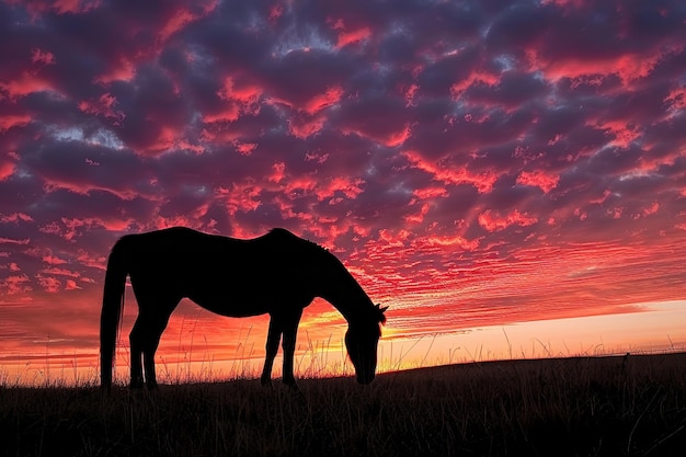 Beautiful silhouette of a horse grazing peacefully at colorful sunrise with vibrant sky