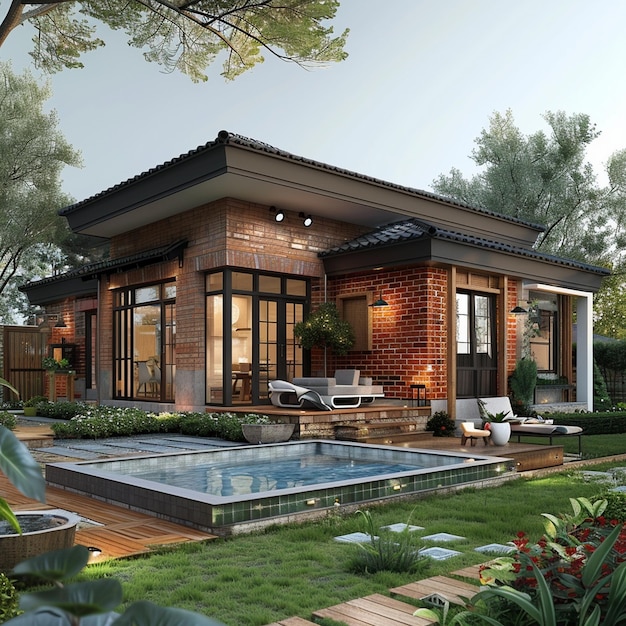 Beautiful single storey red brick plan luxury home Ai generated art