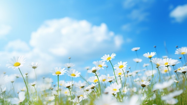 Beautiful sky cloud and some wonder daisy flowers Generative AI