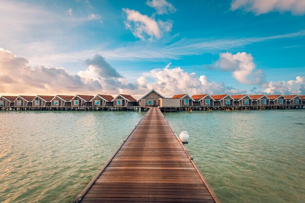 Beautiful sky and sea water luxury tropical travel resort water villas wooden pier pathway