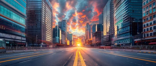 Beautiful sky with sunrise on a beautiful road through the middle of the capital Both sides have pedestrian walkways and are full of tall buildings Gives a feeling of hope and encouragement