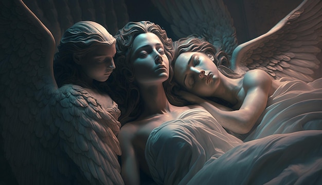 Beautiful sleeping angels guardian night photography image AI generated art