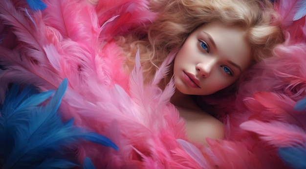 A beautiful sleeping woman in colorful red and purple feathers