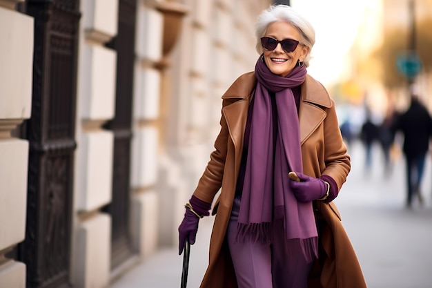 A beautiful slender elderly woman with gray hair and makeup walks along the city street