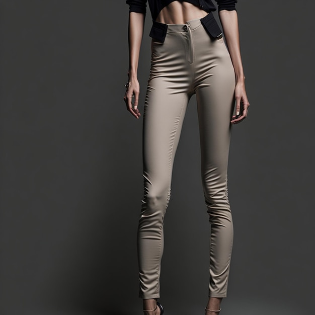 Beautiful slim body of a fashion model wearing beige pants and black blouse