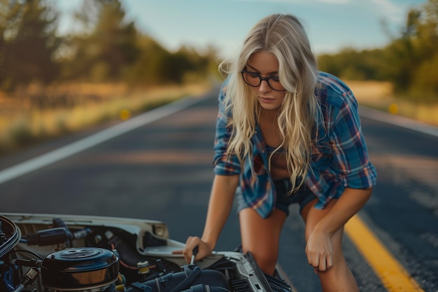 Beautiful slim girl in shirt and shorts looks in open car hood