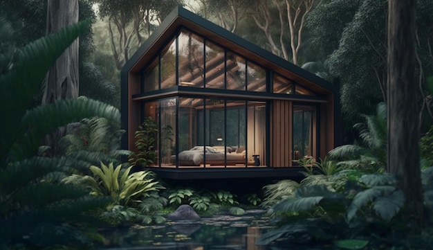 Beautiful Small Ecological House with Large Windows in a Jungle Environment Generative AI