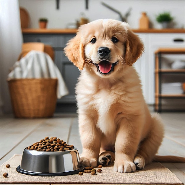 Beautiful small puppy sits on a floor with a bowl of dog food