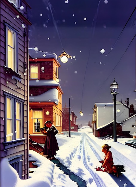 Beautiful small town, houses and buildings, winter, snowfall in the distance, christmas  mood