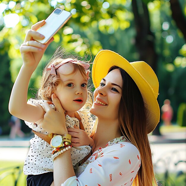 Photo a beautiful smart lady with her cute baby girl taking selfie