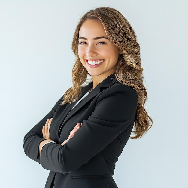 Beautiful smile woman in business suits Standing back to back WHITE BACKGROUND high quality v 61 Job ID 64d578674c4943a5845016863539ed58