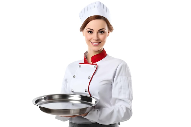 Beautiful smiles waitress holding an empty pan white background