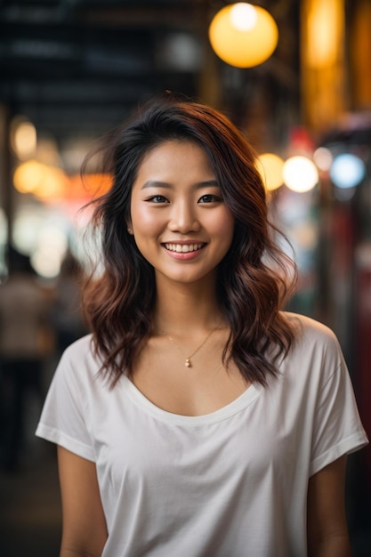 Beautiful and smiley face young Asian woman with white tshirt