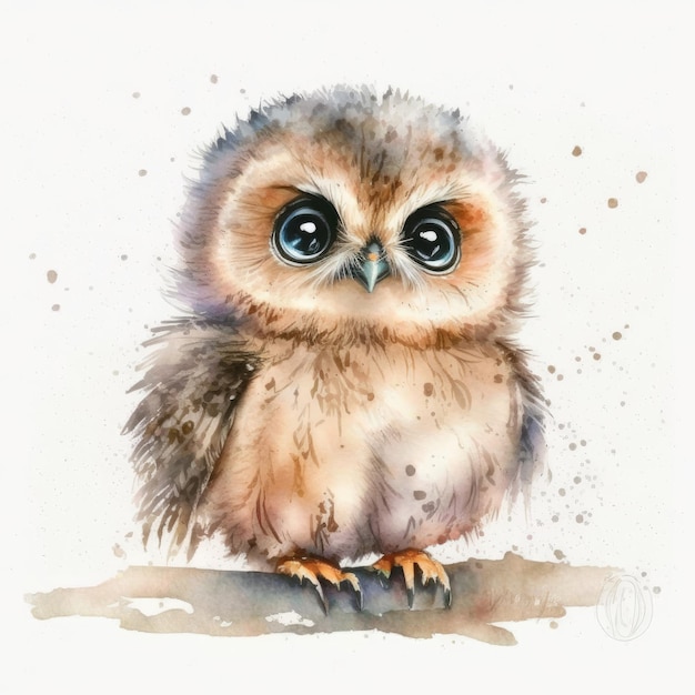 Beautiful smiling baby owl clip art isolated with white background generative AI