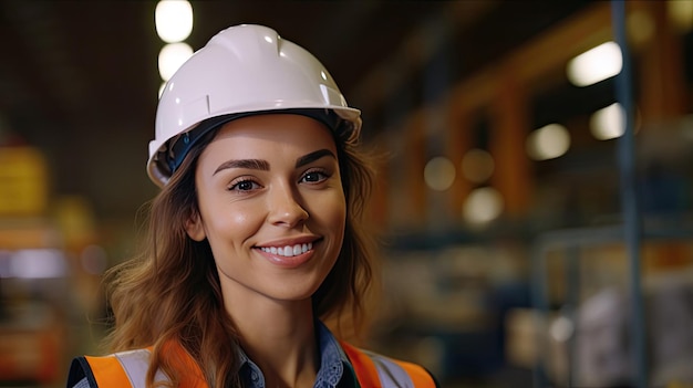 A Beautiful Smiling on Camera Female Engineer in Safety Vest and Hardhat Professional Woman Working in the Modern Manufacturing FactoryGenerative Ai