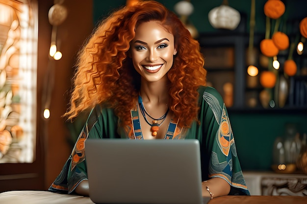 Beautiful smiling ethnic woman works remotely on laptop from home magical body portrait photo