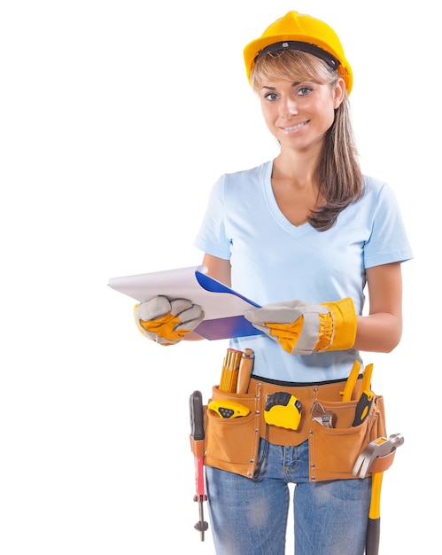 Beautiful smiling female worker holding clipboard and looking at camera isolated