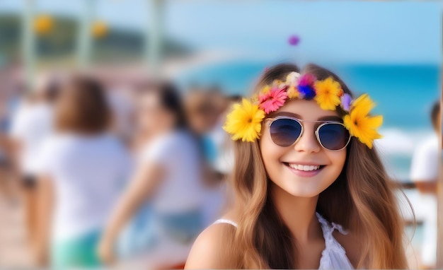 Beautiful smiling girl in sunglasses and with flowers on her head on the beach by the sea ai