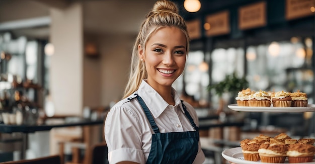 Beautiful smiling girl waitress in a cafe